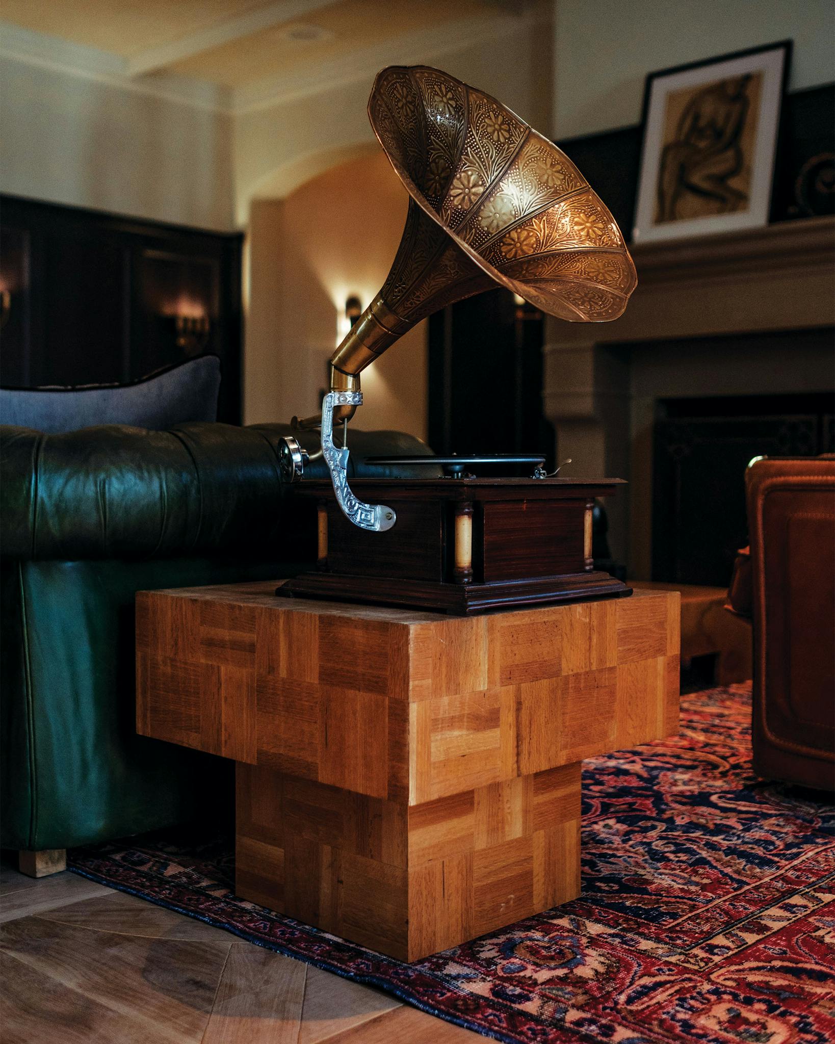If you’ve been to Round Top Antiques Fair over the past couple years, you may have passed Fulk shopping for the Commodore Perry Estate. He furnished the common areas with uniquely Texan and vintage artifacts like this gramophone, which sets the scene for guests and members to relax with timeless tunes (while sipping vintage tipples).