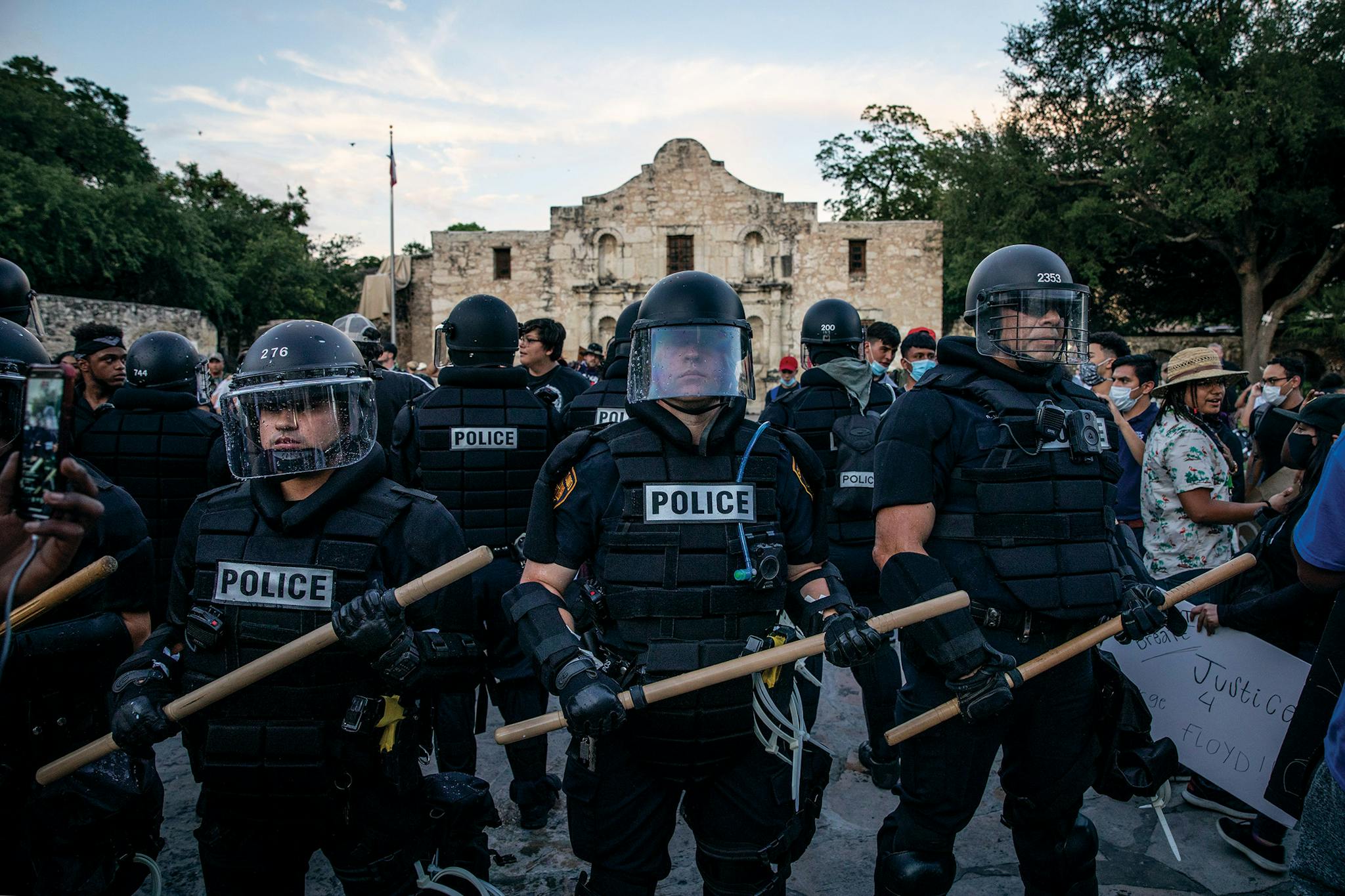 San Antonio Police officers deploy in front of the Alamo in downtown San Antonio on May 30, 2020. People took to the streets of San Antonio to protest the killing of George Floyd in Minnesota just five days earlier.