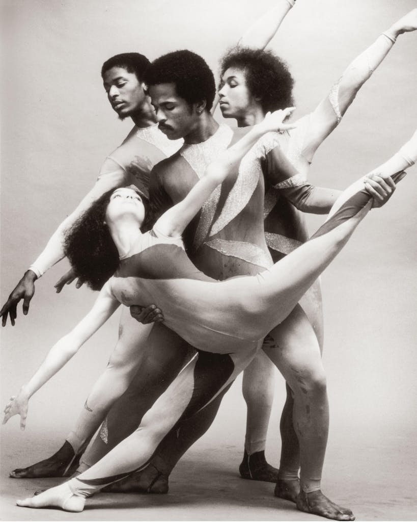 Black and white photo of Alvin Ailey dancers. 