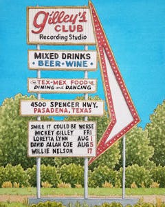 Watercolor painting of Gilley's Club recording studio sign. 