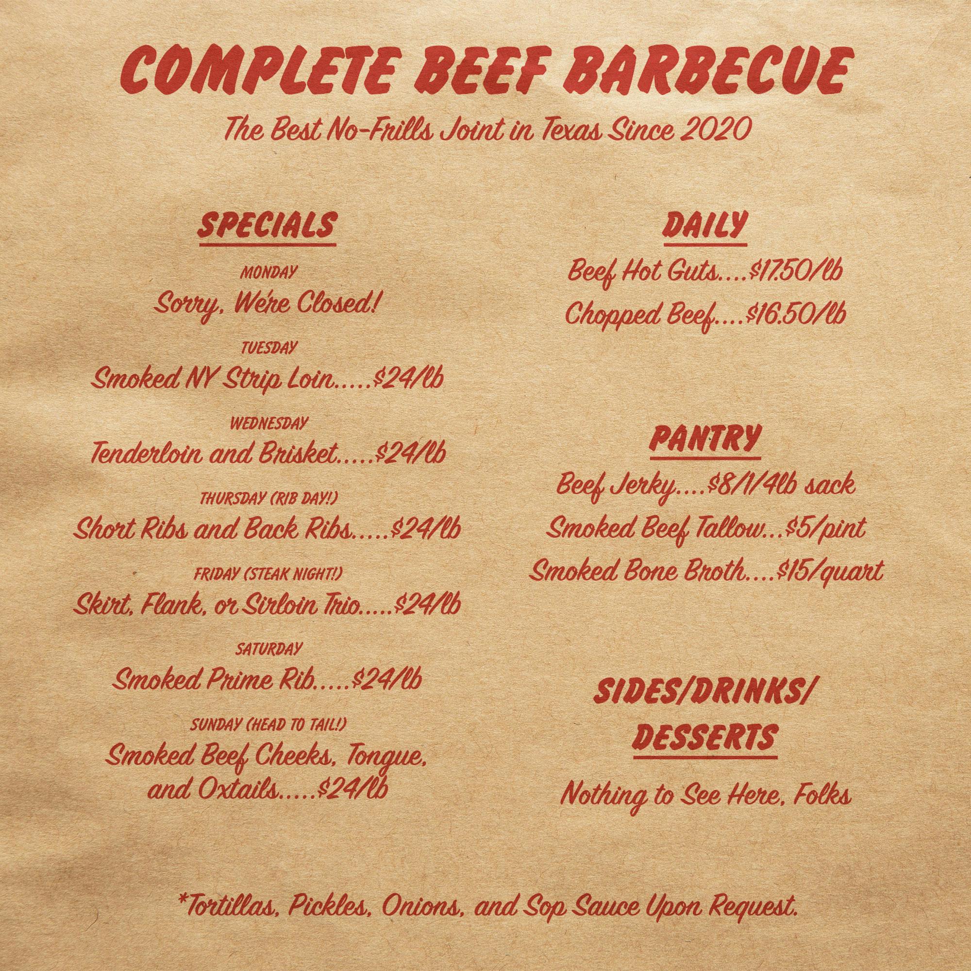 complete beef bbq menu