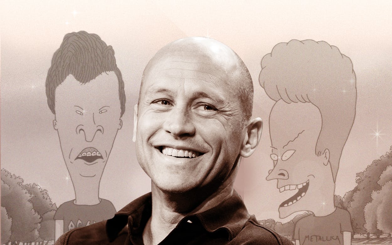 Headshot of Mike Judge superimposed in front of Beavis and Butt-Head.