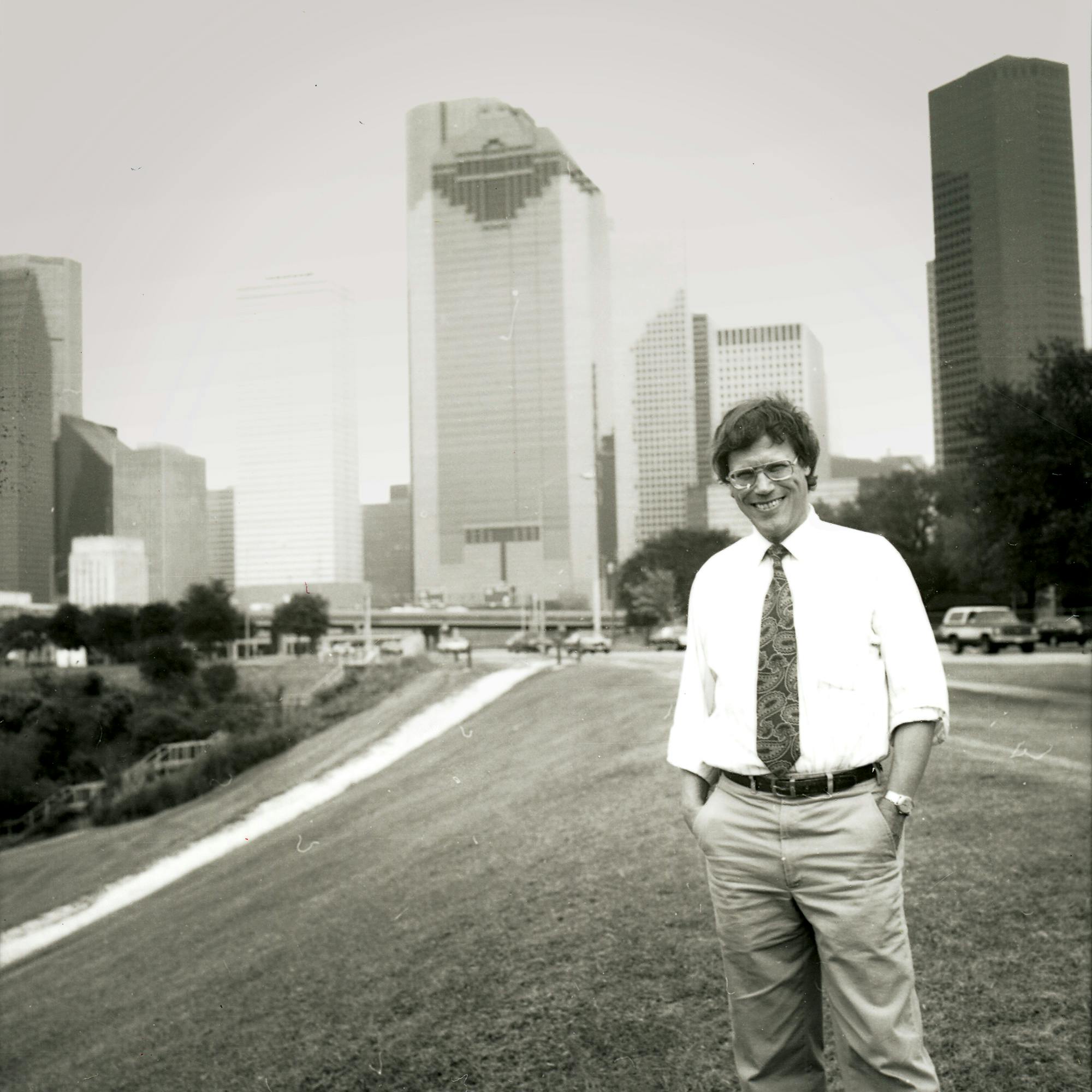 Stephen Klineberg standing by Houston’s Buffalo Bayou, circa 1985.