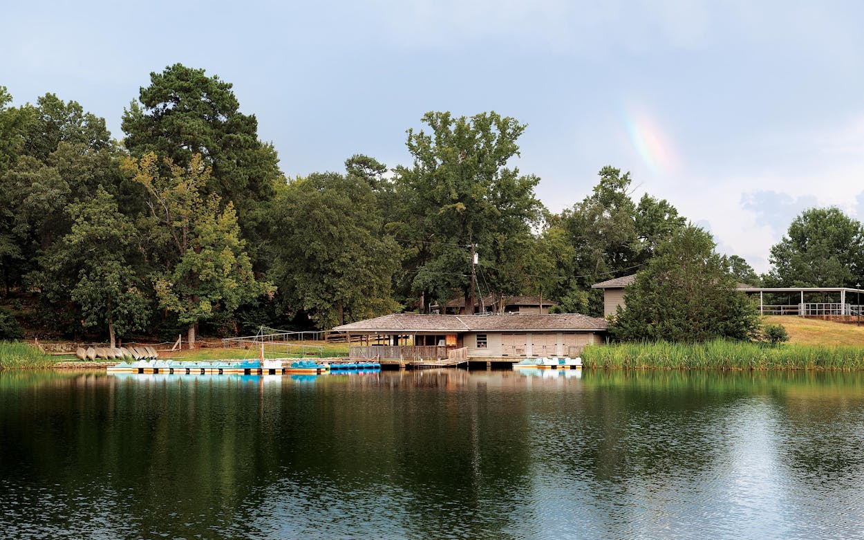 The boathouse on the lake at Tyler State Park in August 2019.