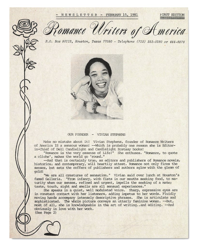 The first newsletter from the Romance Writers of America, featuring Stephens’s headshot, published February 15, 1981.