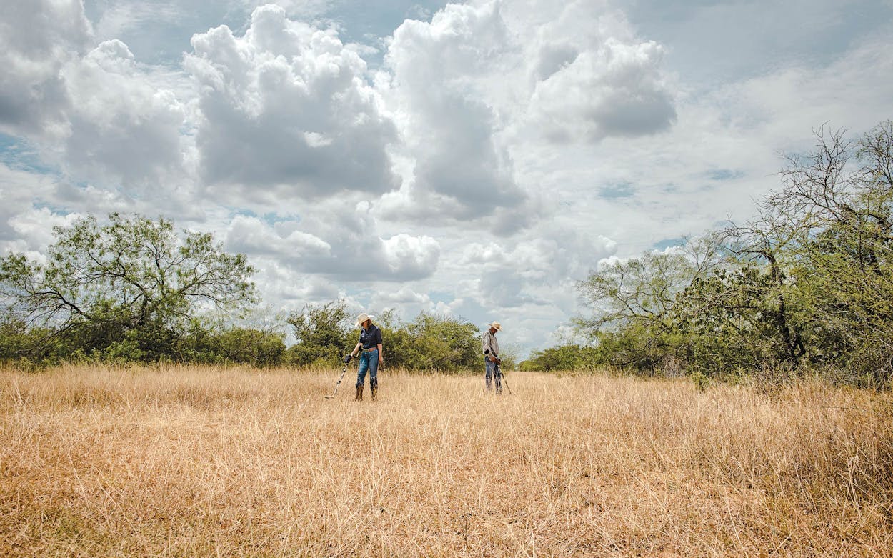The author and her husband search for relics on their ranch in Hidalgo County.
