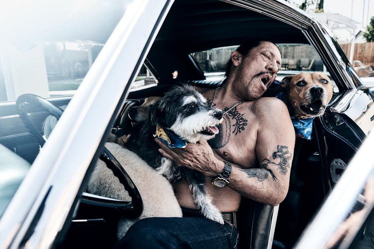 Danny Trejo howling with his dogs John Wesley Harding and Duke.