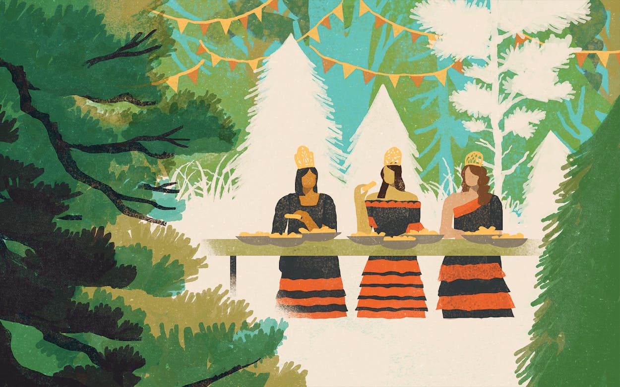 illustration of three festival queens eating tamales in the piney woods