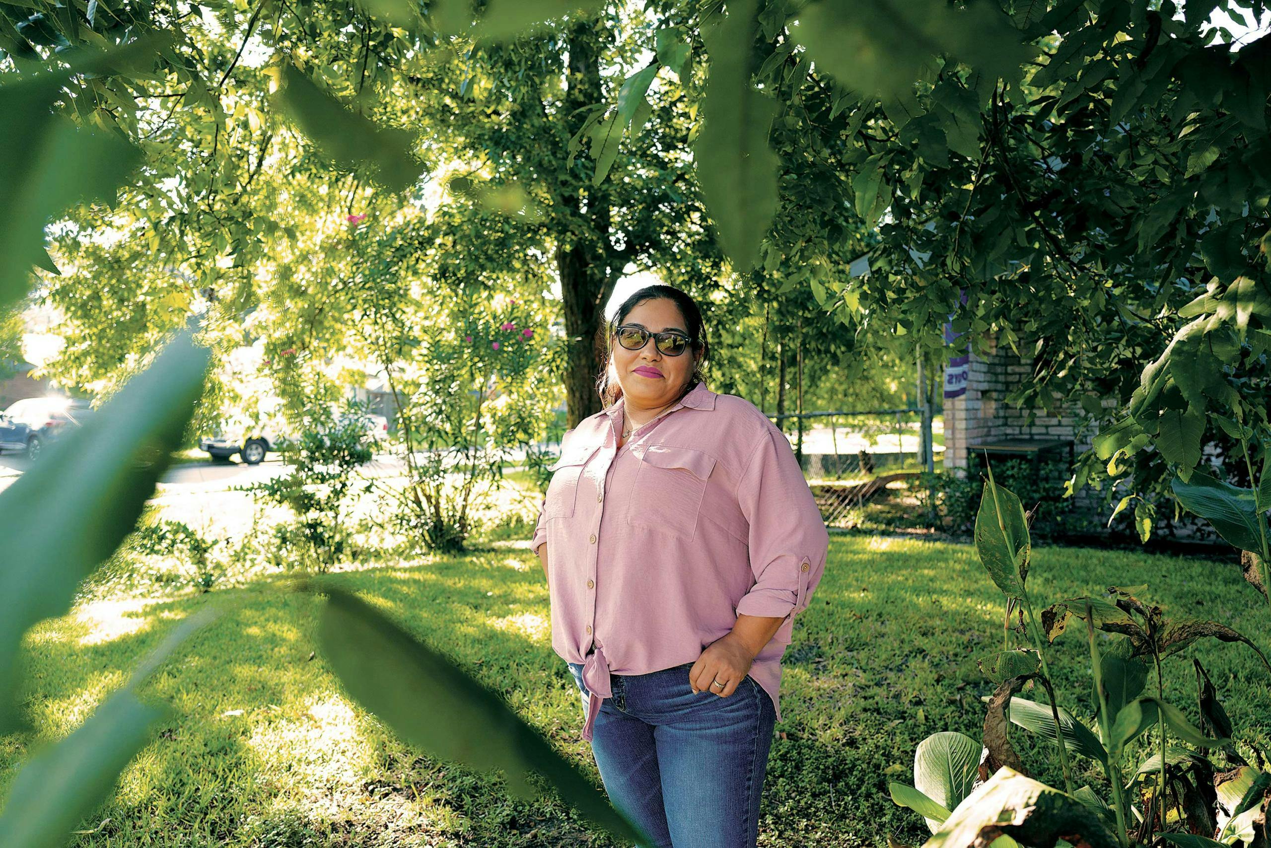 Claudia Perez in her front yard in Houston on September 27, 2020.