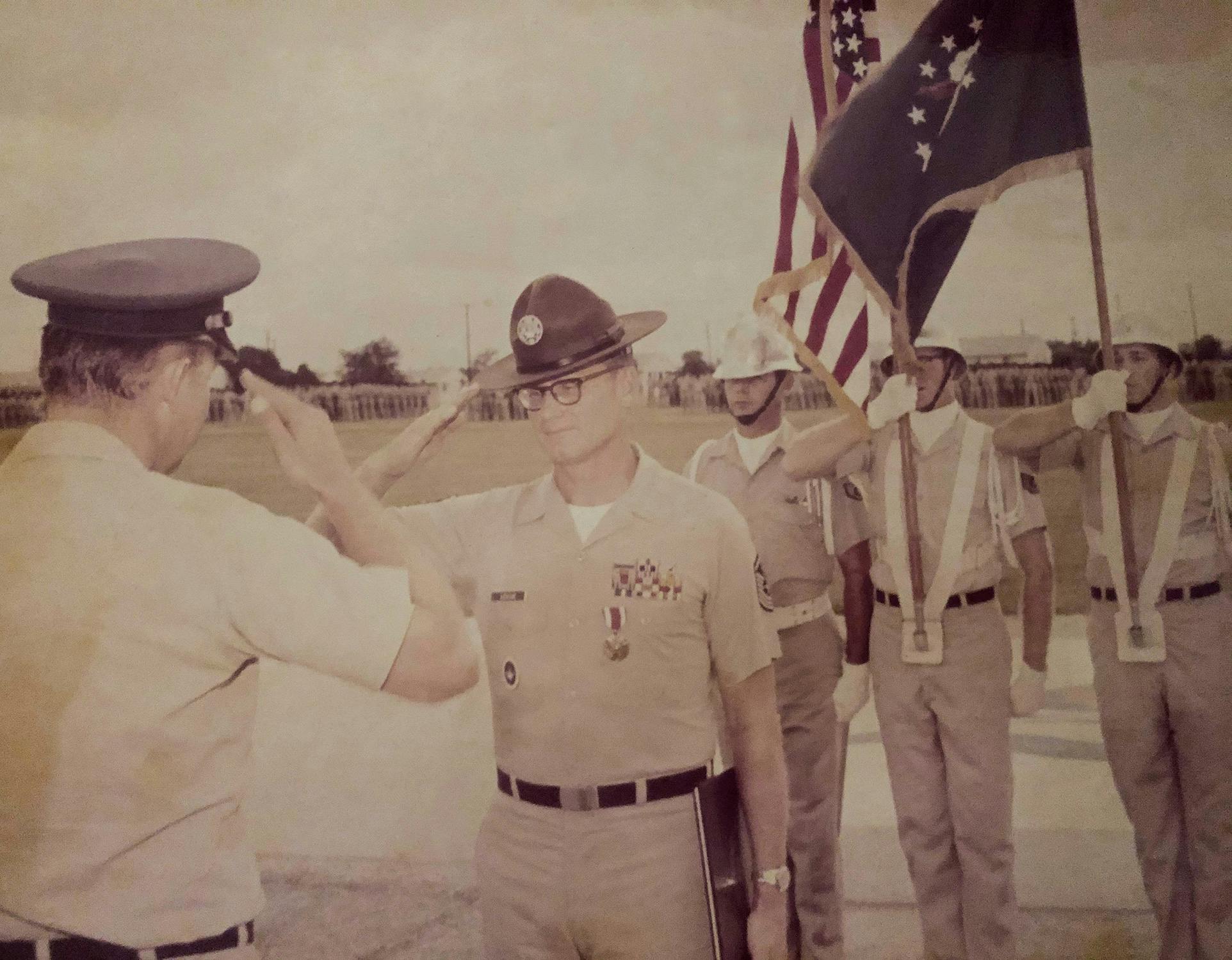 A soldier, Sergeant Edward Joseph League, at a promotion ceremony at Lackland in the sixties.
