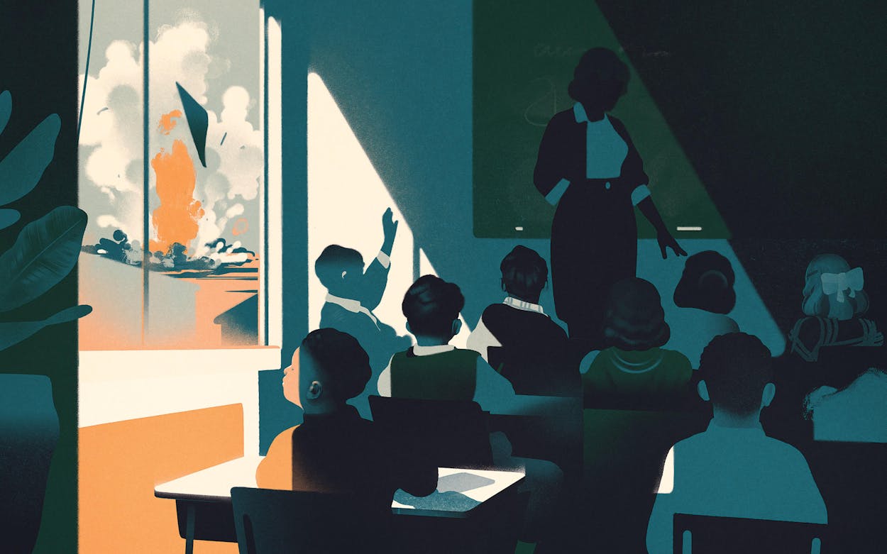 illustration of schoolchildren in a classroom while a blast occurs in the distance