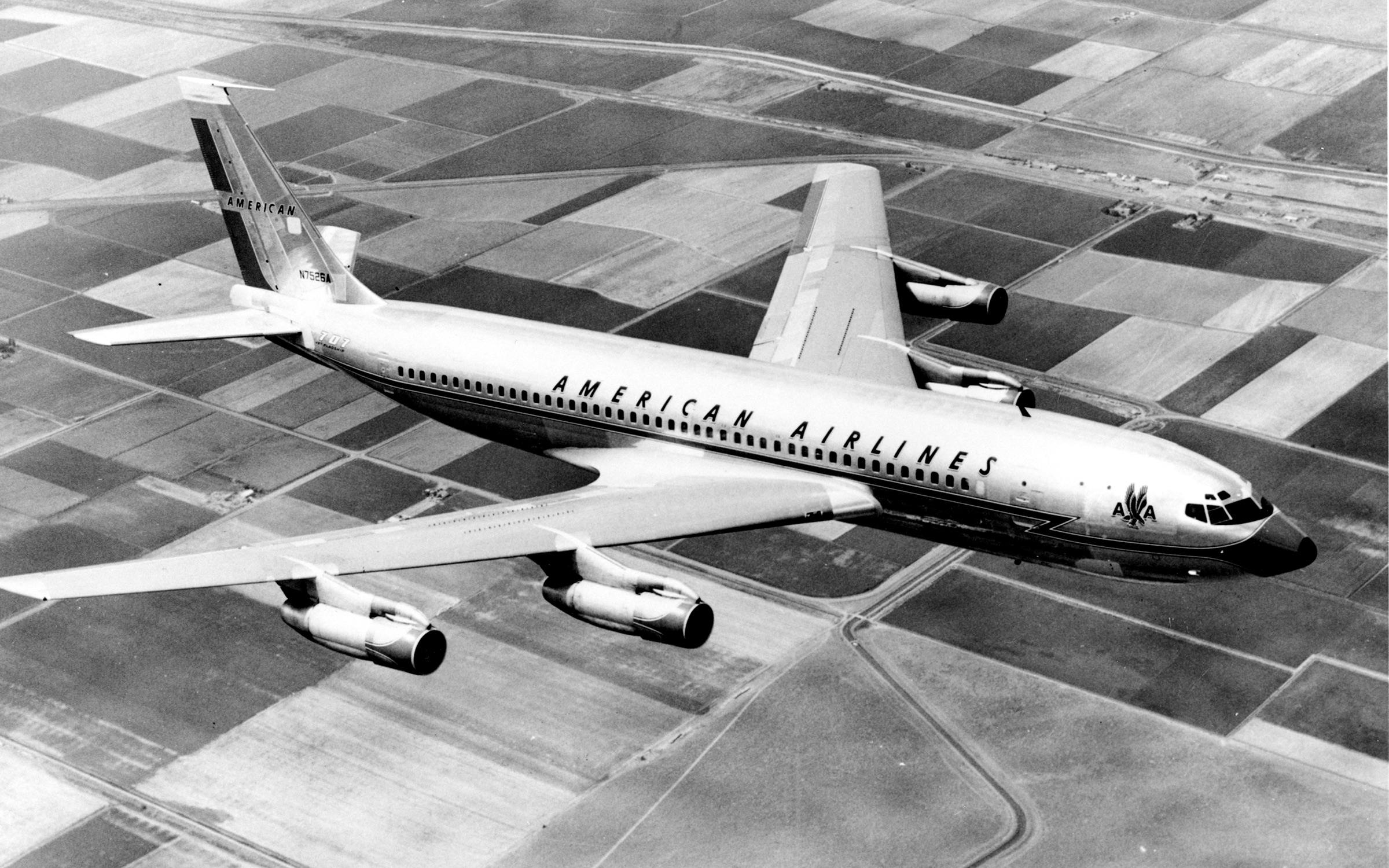 A 1960 photo of a an American Airlines Boeing 707-102-B in flight.
