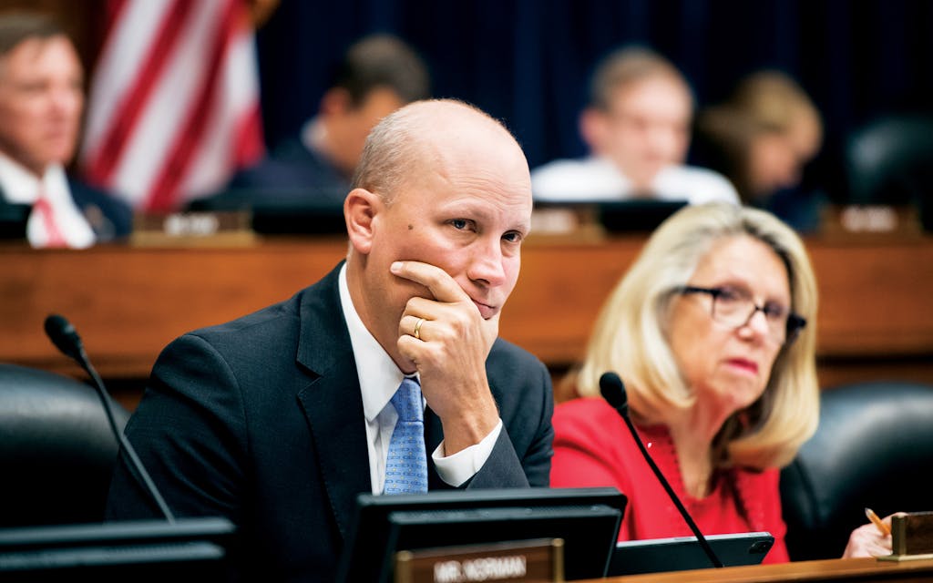 Representative Chip Roy, R-Texas, left, listens during the House Oversight and Reform Committee markup of a resolution authorizing issuance of subpoenas related to security clearances and the 2020 Census in Washington D.C. on April 2, 2019.