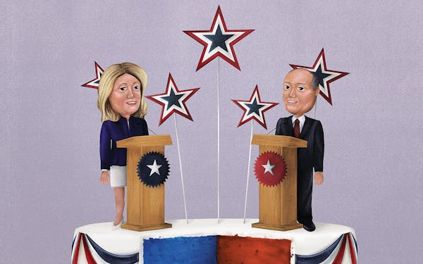 An illustration of Wendy Davis and Chip Roy at podiums on top of a cake that's been cut into, to reveal its half-red half-blue interior.