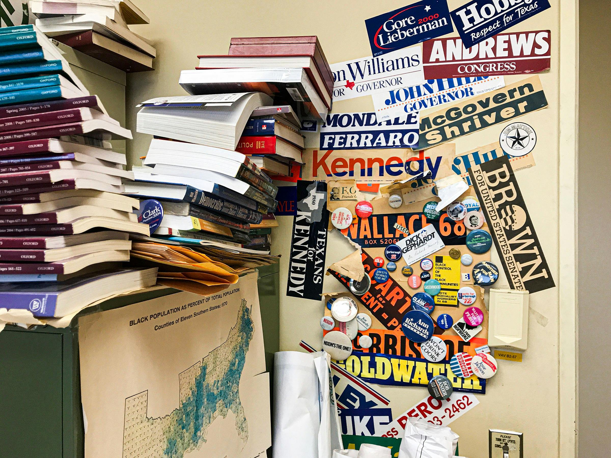 After 55 years, Professor Murray's office is like an archeological dig of Texas political history.
