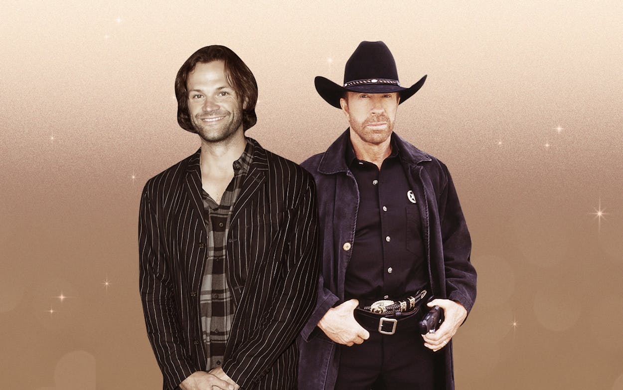 Jared Padalecki and Chuck Norris photoshopped together in front of a gold background.