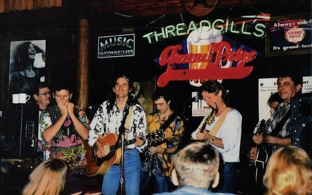 Butch Hancock, Jimmie Dale Gilmore, Rich Brotherton, Champ Hood, and Joe Ely playing at Threadgill's in the 1980s.