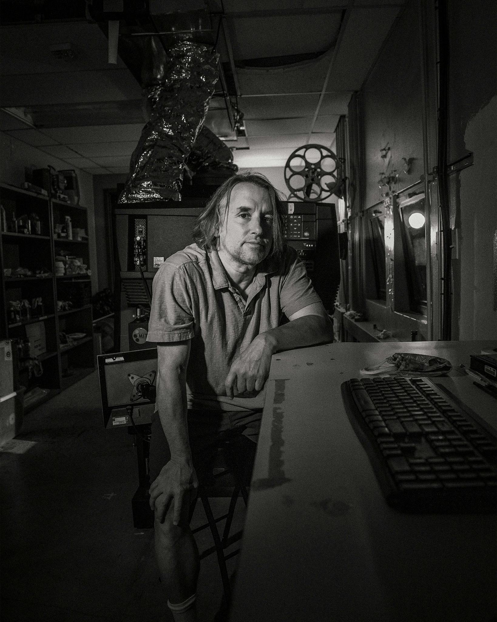 Richard Linklater in the projection room at AFS Cinema, in Austin, on May 30, 2020.