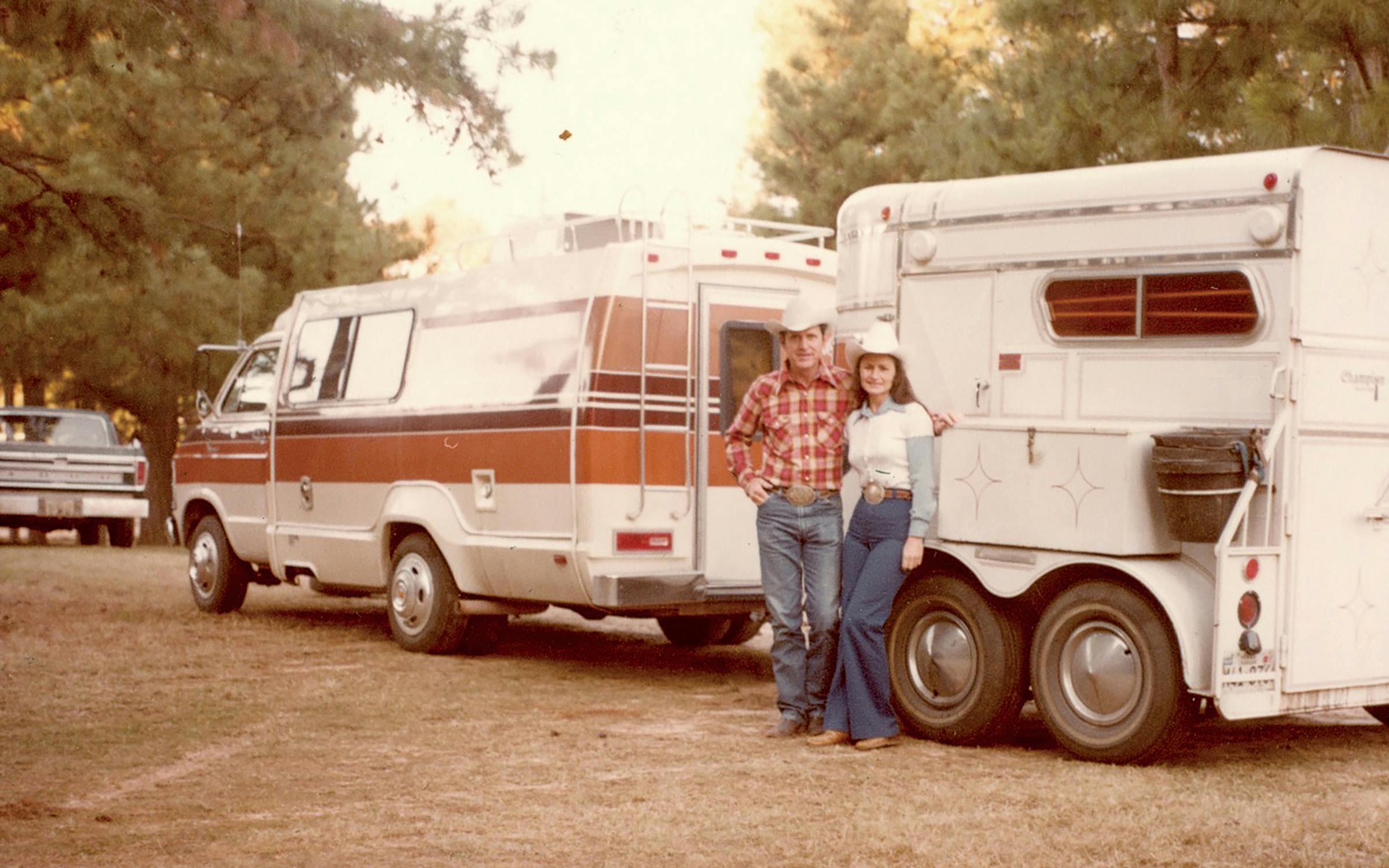 R. E. and Martha Josey in front of a horse trailer circa 1970.