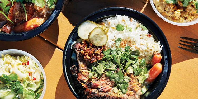 Curry Boys BBQ serves fusion bowls like oak-smoked brisket in green curry.