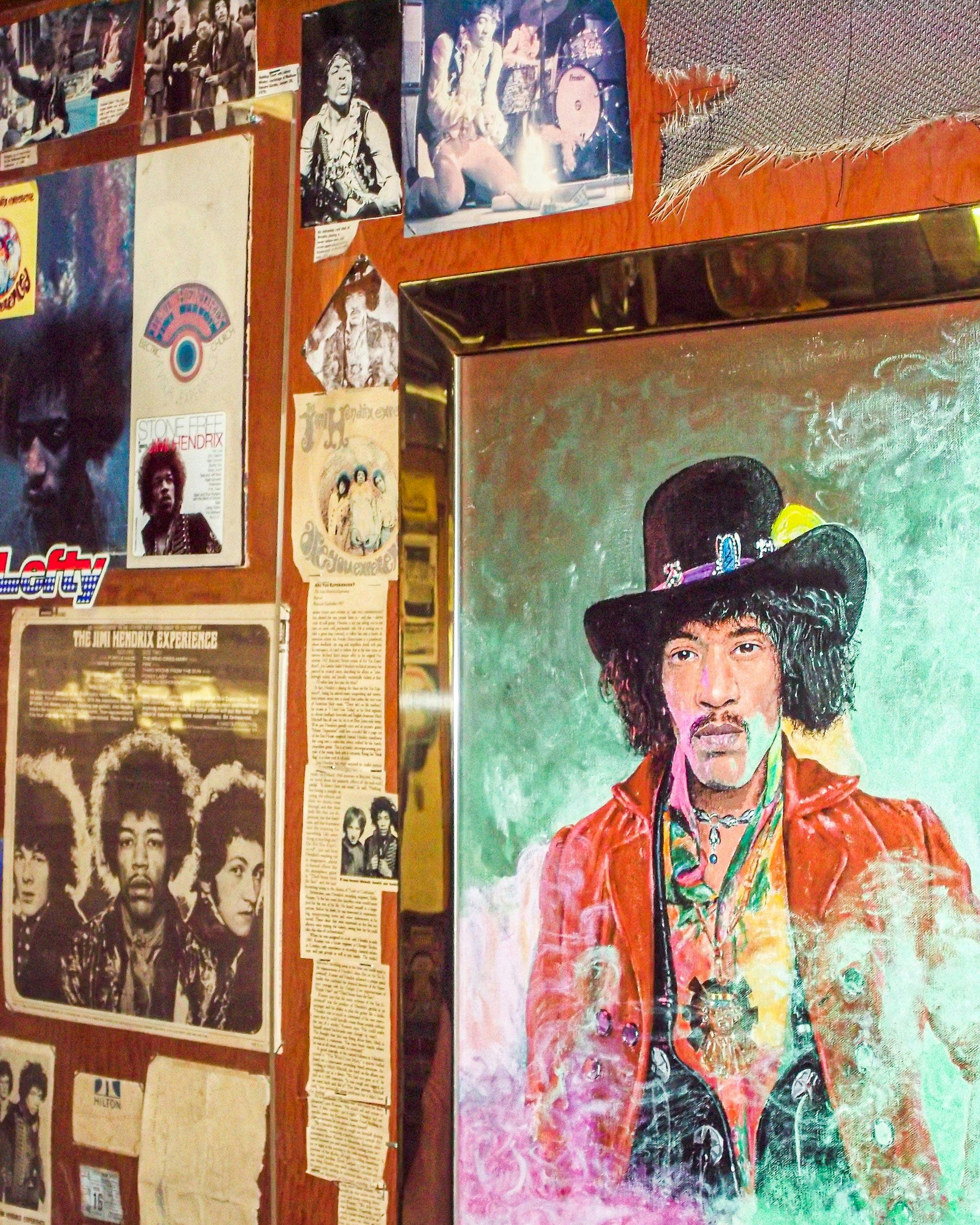 A Jimi Hendrix oil painting by San Marcos artist Michael Giles is surrounded by memorabilia collected by Bobby after meeting Hendrix in 1968 after his first Dallas concert.