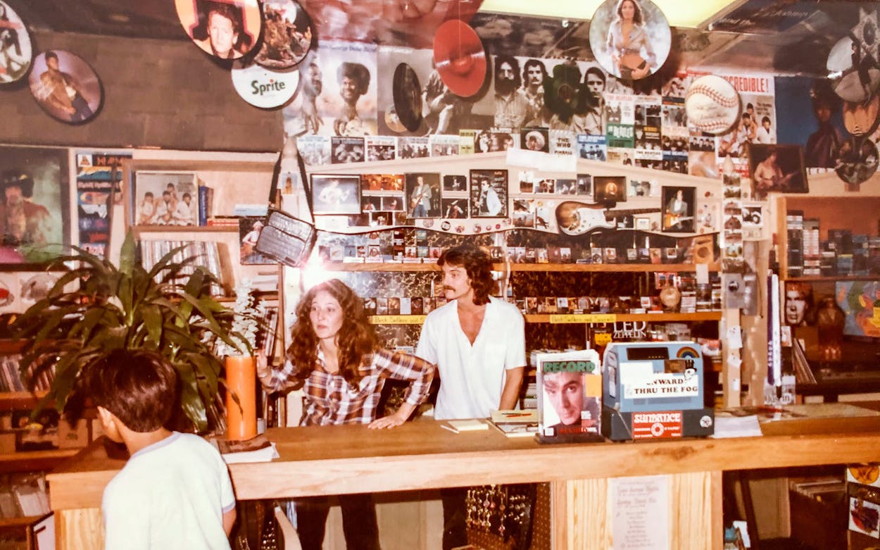 Nancy and Bobby Barnard behind the counter in 1986 at Sundance Records' second location at 138 N LBJ Dr., in San Marcos.