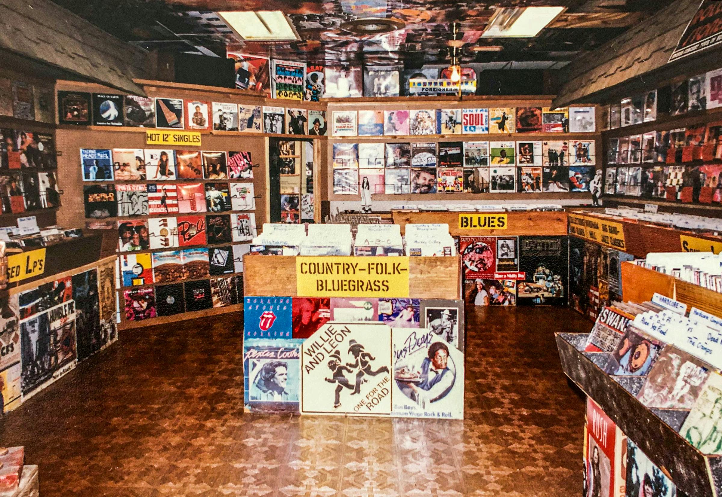 Inside the newly opened second location of Sundance Records in 1985 after the walls, ceiling, and the counter fronts had been decorated by Bobby.