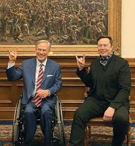 Greg Abbott and Elon Musk and the Capitol in Austin. 