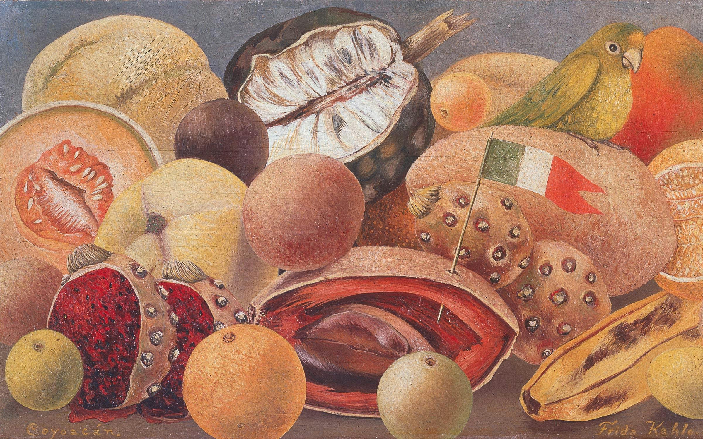 Frida Kahlo painting Still Life with Parrot and Flag, 1951, in the Dallas Museum of Art. 