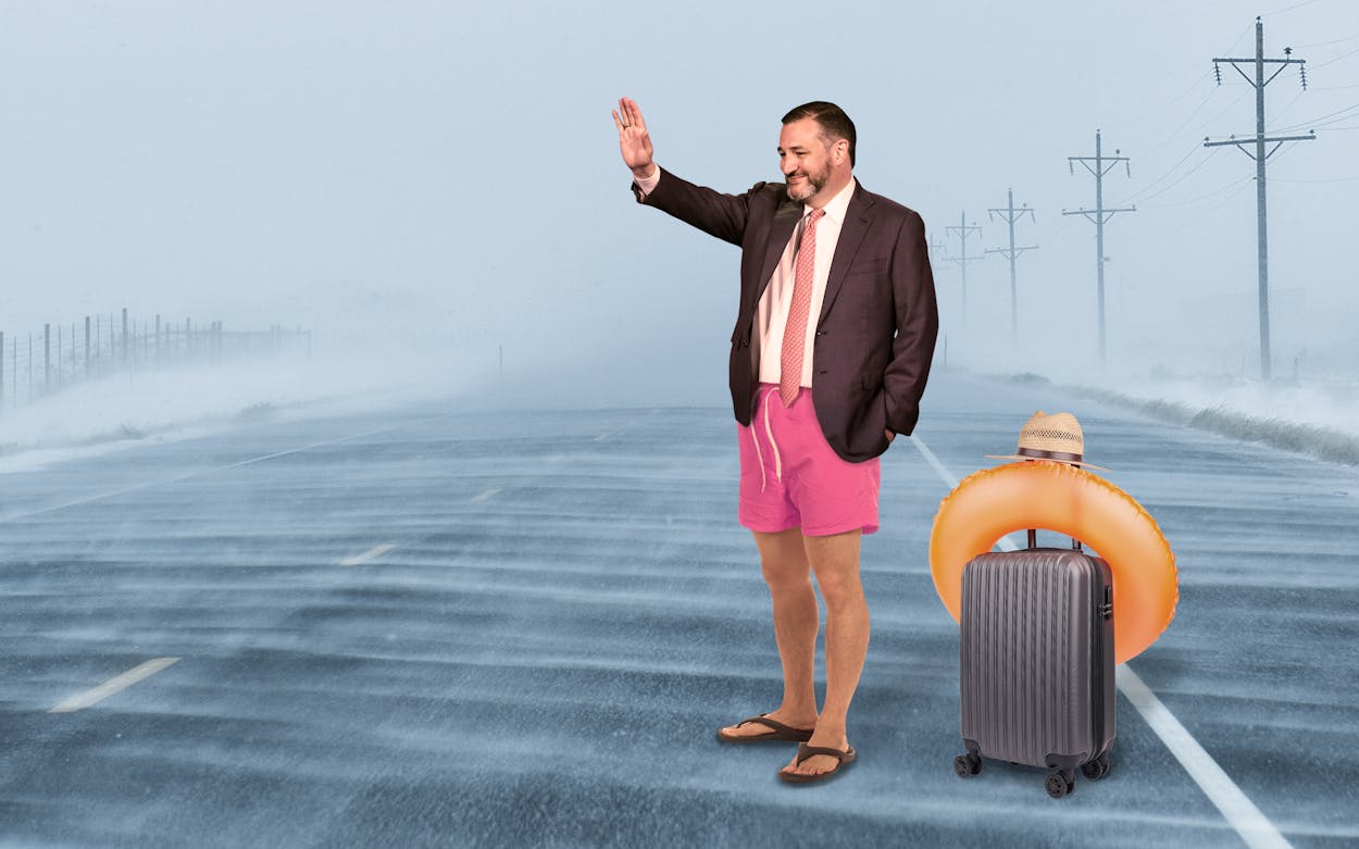 Ted Cruz photoshopped in pink swim trunks and a blazer with a pool floatie on his suitcase.
