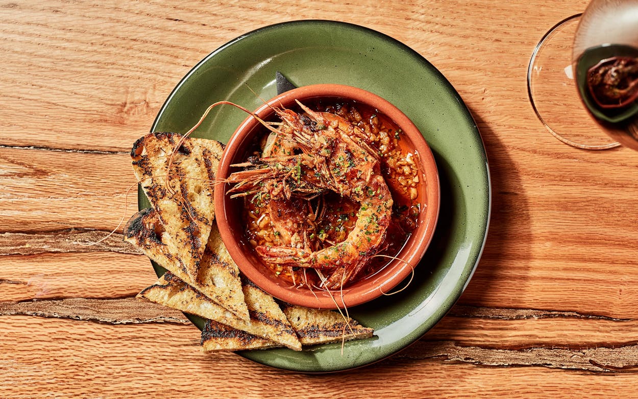 Tapas-style offerings from Ounce, in Dallas, include prawns a la plancha.