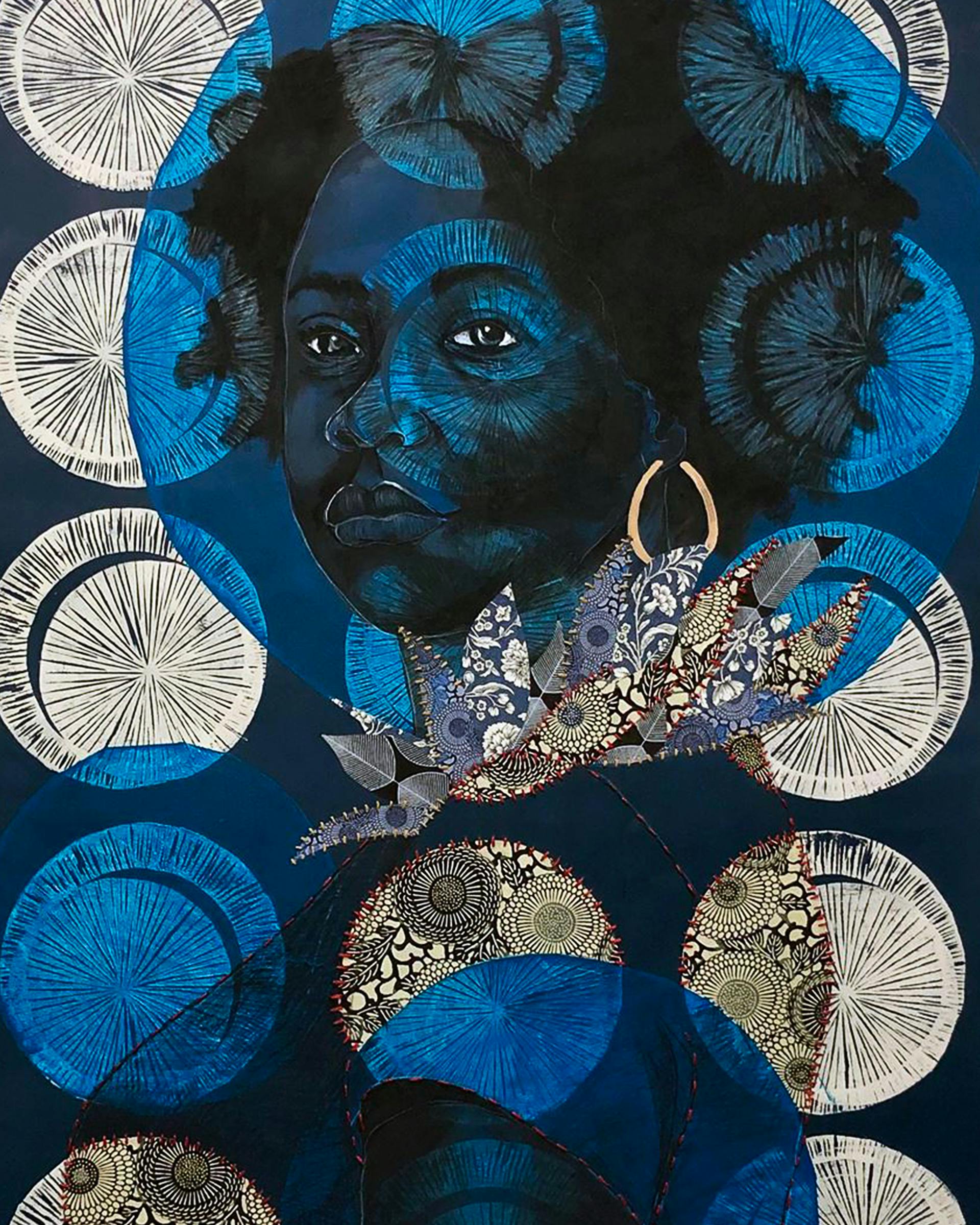 Delita Martin's artwork of a woman behind layers of blue, titled Night Bird. 