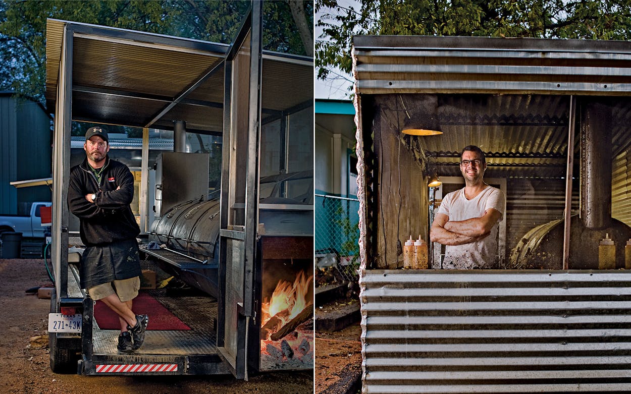 John Mueller (above left) at his trailer, in South Austin. Aaron Franklin (above right) at his restaurant, in East Austin.