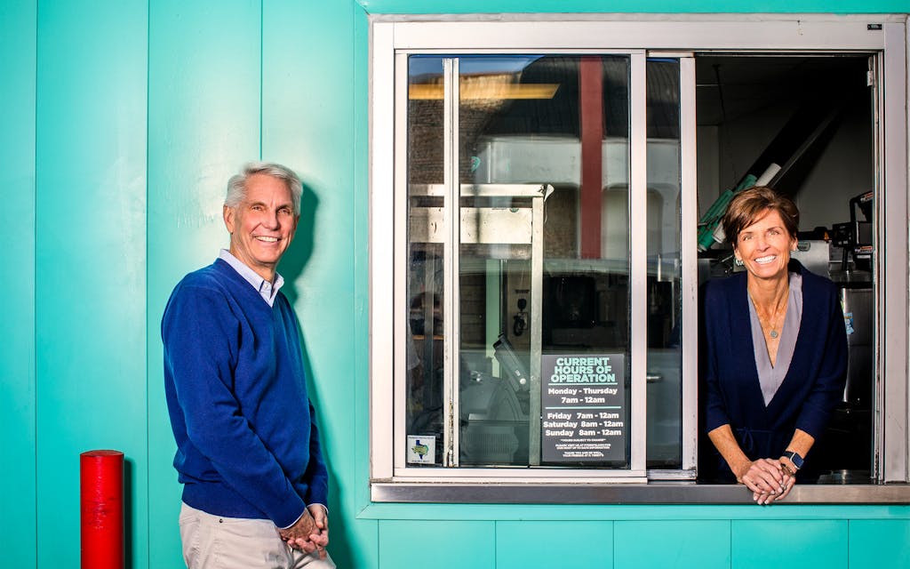 Patrick and Kathy Terry at the Capital Plaza P. Terry's drive-thru window in Austin on February 9, 2021.