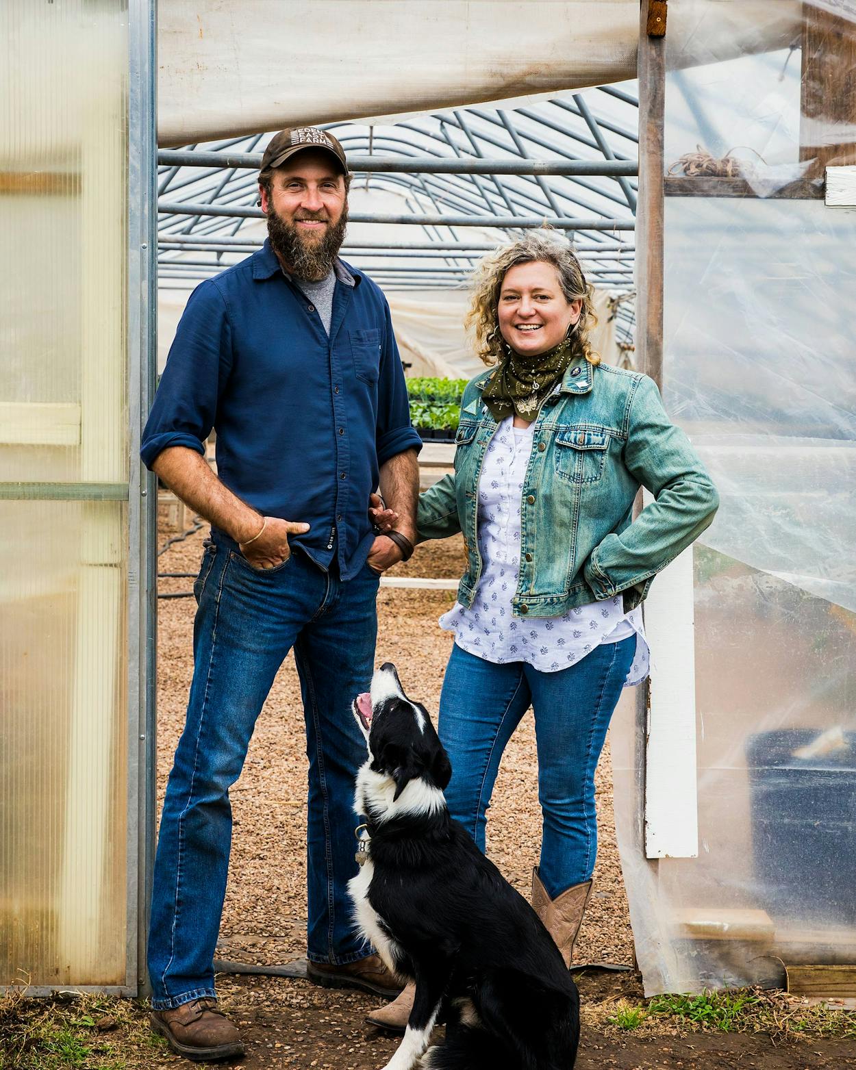 David Barrow and Sonya Cote, with their dog Willie, at Eden East Farm, in Bastrop, on February 27, 2021.