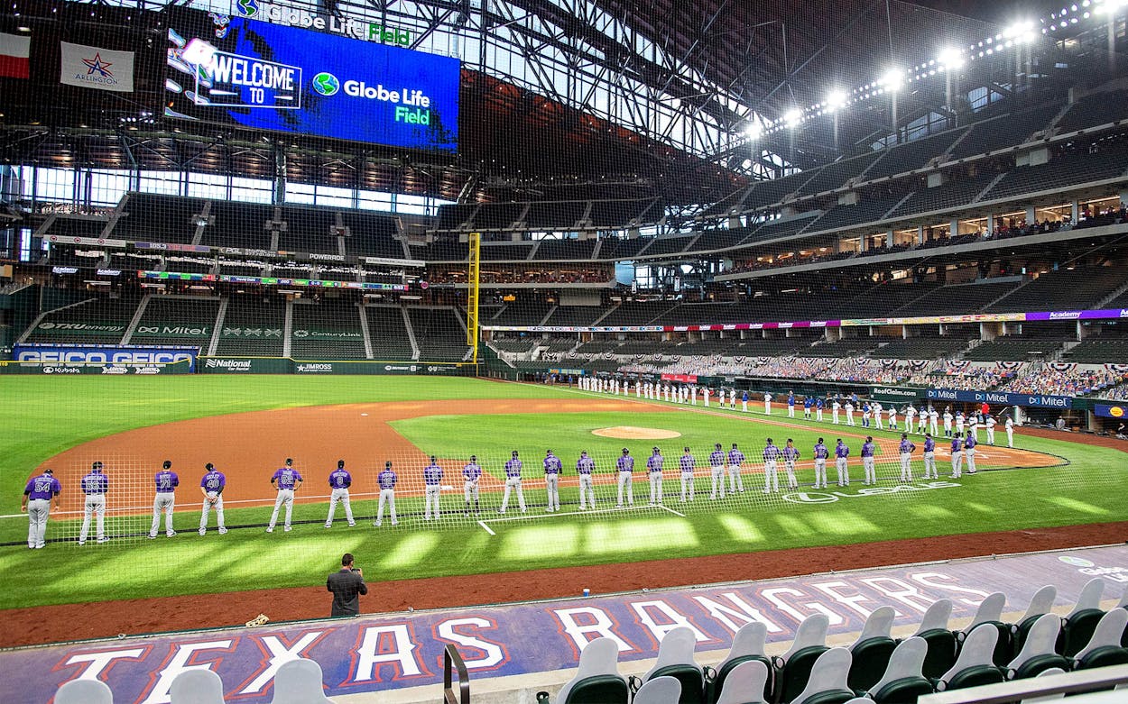 Texas Rangers play MLB home opener in front of packed stadium.