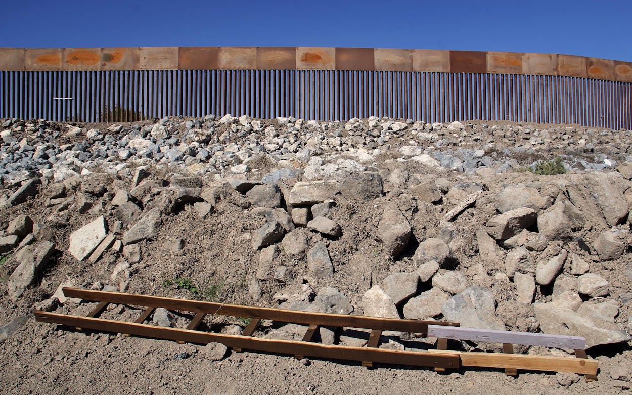 A ladder in front of newly built border wall at Granjeno.