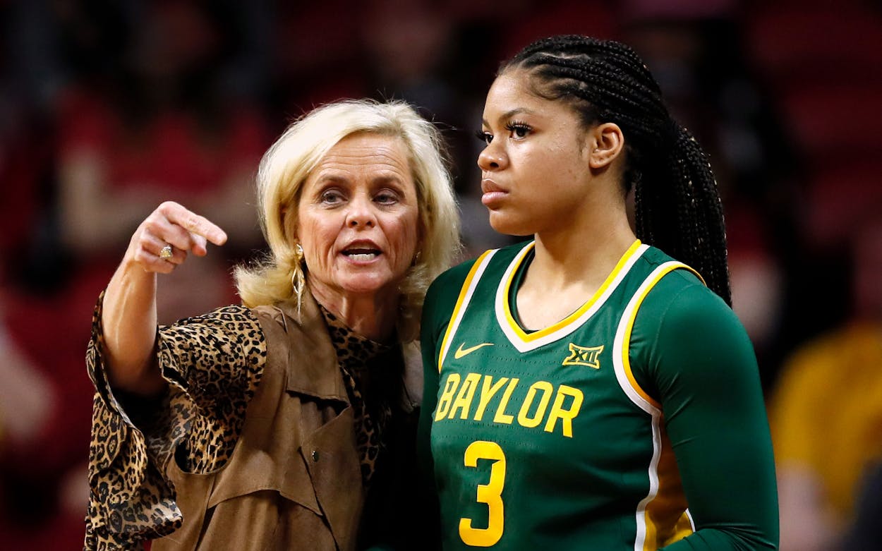 Baylor head coach Kim Mulkey talks with guard Trinity Oliver (3) during an NCAA college basketball game against Iowa State, Sunday, March 8, 2020, in Ames, Iowa.