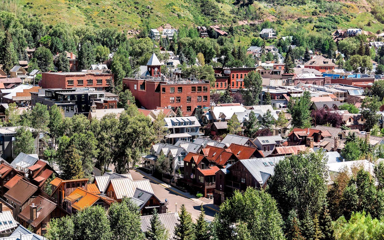 A view of Telluride, Colorado, from free gondola to mountain village in summer.