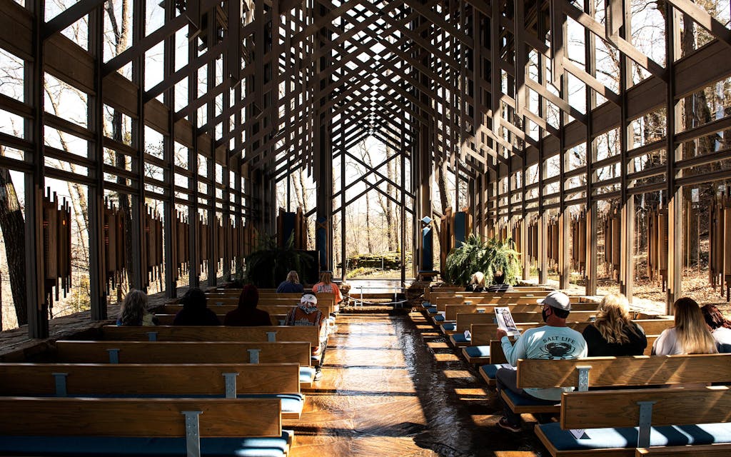 The interior of Thorncrown Chapel in Eureka Springs.