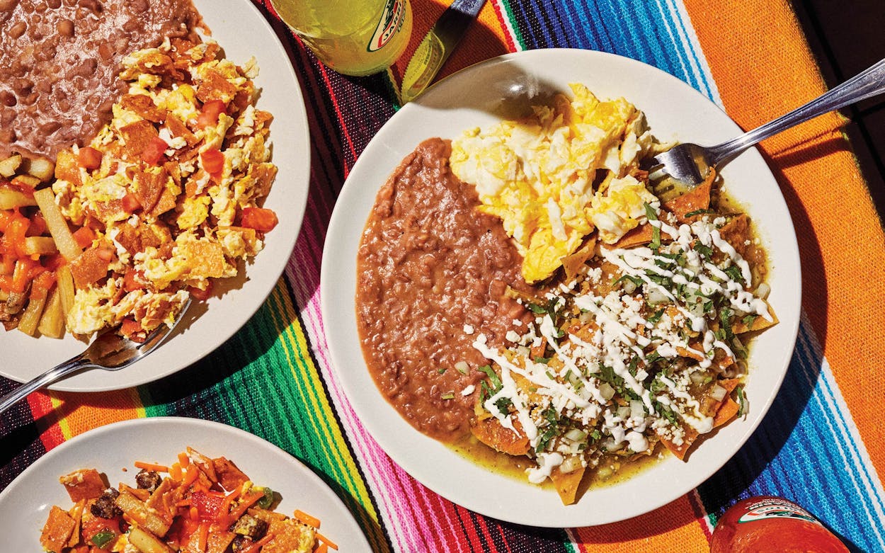 The migas bowl, migas platter, and chilaquiles plate at Tía Dora’s Bakery, in Dallas, on March 13, 2021.