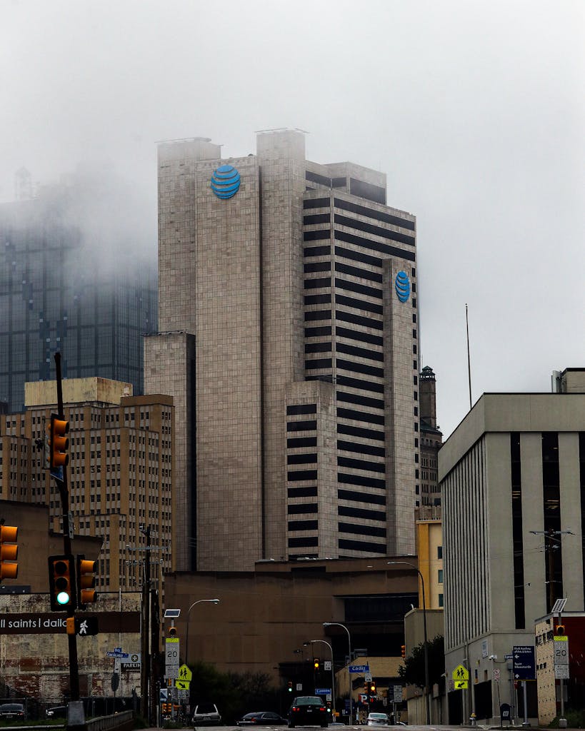 An exterior view of AT&T corporate headquarters on March 13, 2020 in Dallas.