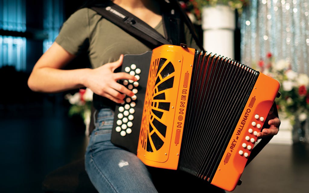 Ashly Nicole Molina practices accordion in the Roma High School Performing Arts Center in Roma on May 6, 2021.