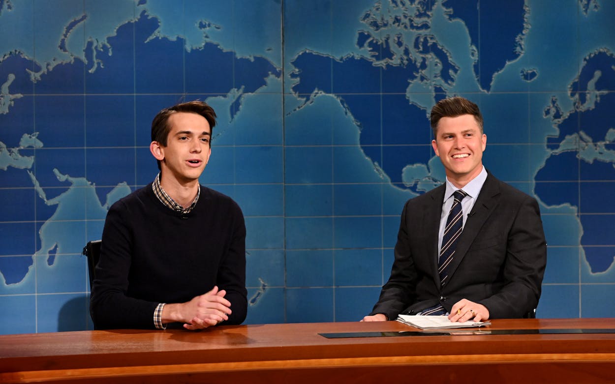 Andrew Dismukes and anchor Colin Jost during SNL's Weekend Update on May 15, 2021.