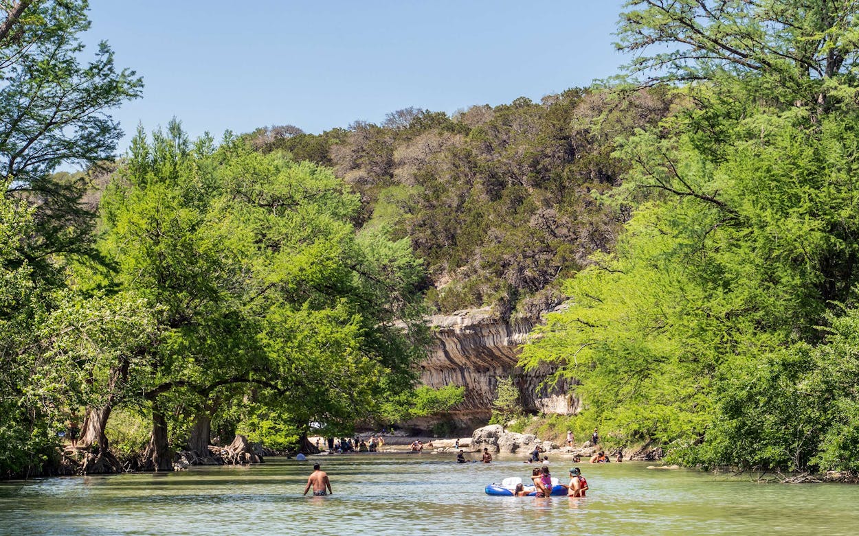 Visitors in the water at Guadalupe River State Park on April 25, 2021.