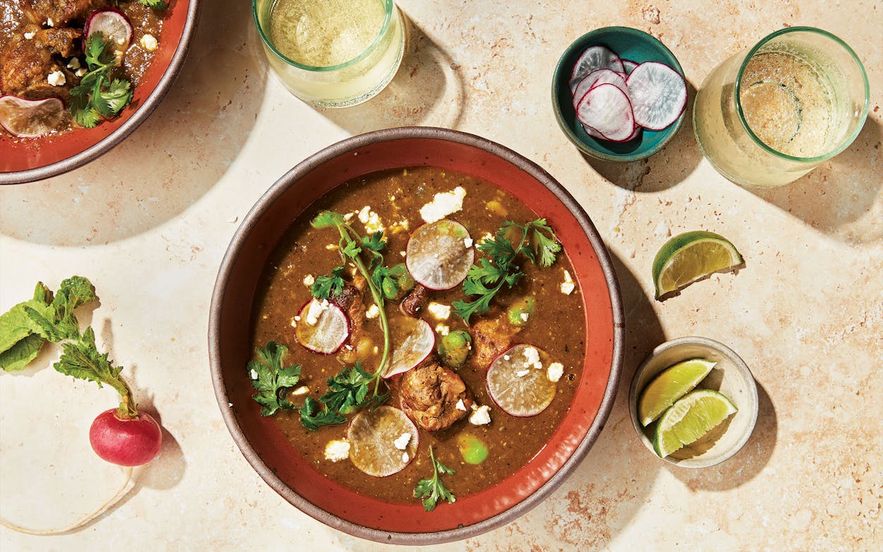 Chile verde–braised pork riblets and fava beans.