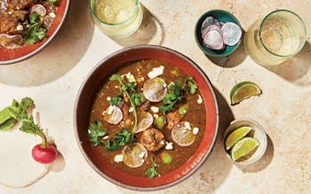 Chile verde–braised pork recipe riblets and fava beans.