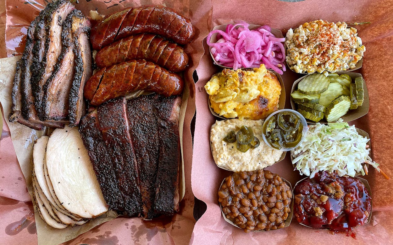 Spread of food at Jon G's Barbecue
