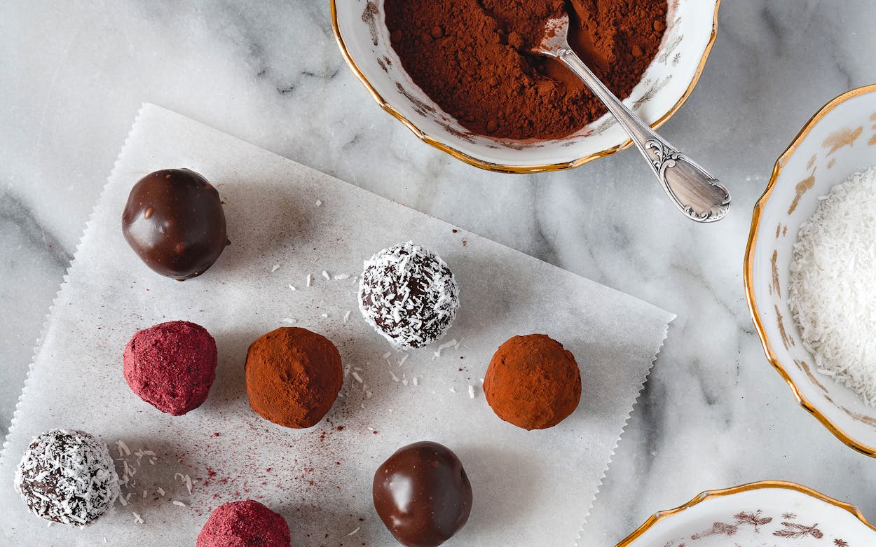 Molly Wilkinson's Texas sheet cake-themed truffles, with variations rolled in cocoa powder, freeze dried raspberry powder, and coconut flakes.