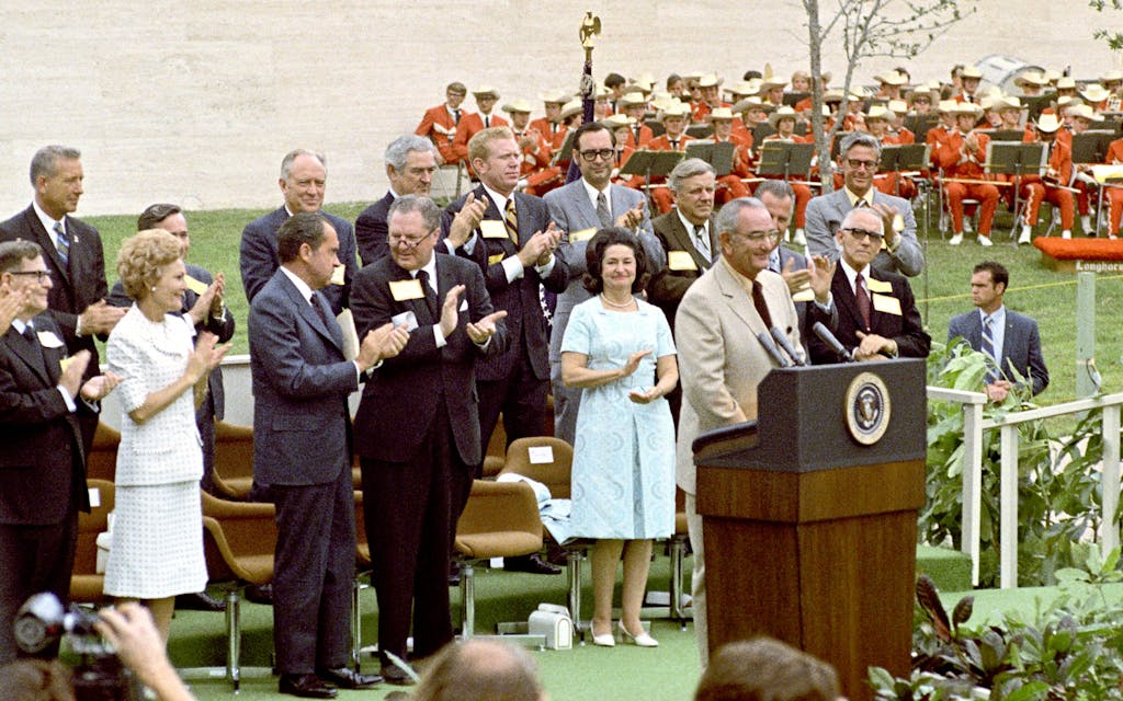 LBJ at the podium during the library dedication on May 22, 1971.